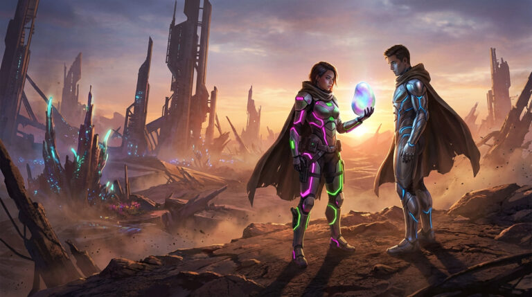Deux figures futuristes en armures lumineuses, une femme tenant un orbe, un homme à ses côtés, dans des ruines sci-fi au coucher du soleil.