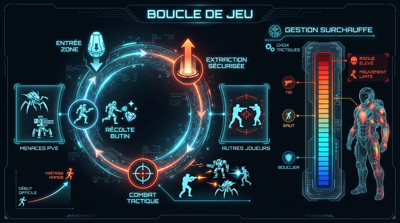 Interface de jeu Marathon montrant l'extraction et la gestion thermique sur Tau Ceti IV