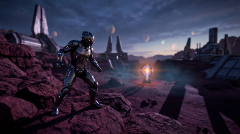Un soldat en armure futuriste se tient sur des roches pourpres d'une planète alien, face à des structures mystérieuses sous un ciel crépusculaire.