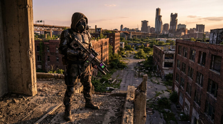 Agent de The Division 2 masqué avec arme, sur un toit détruit, observant une ville post-apocalyptique au coucher du soleil.