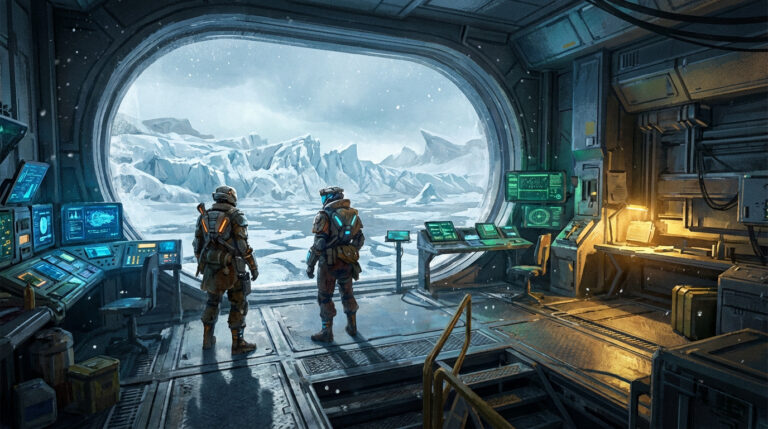Deux explorateurs en armure observent un monde glacial de montagnes de glace et de neige depuis une station futuriste pleine d'écrans.