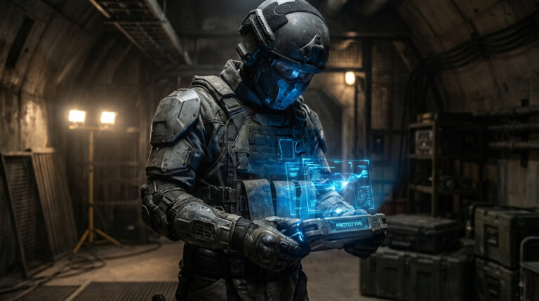 Soldat futuriste en armure noire examinant un dispositif holographique bleu étiqueté 'PROTOTYPE' dans un bunker sombre.