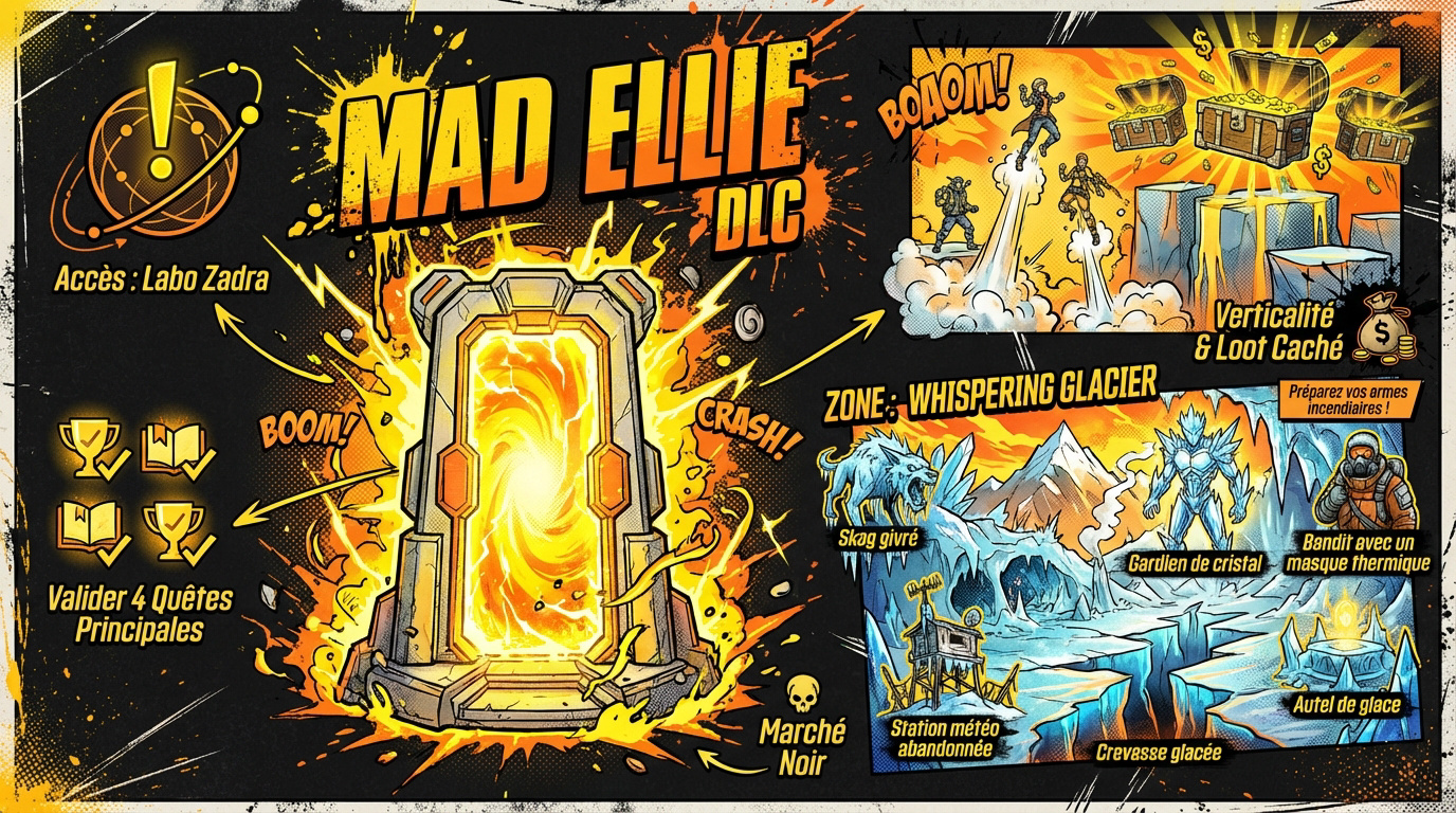Infographie récapitulative du DLC Mad Ellie et le Caveau des Damnés pour Borderlands 4