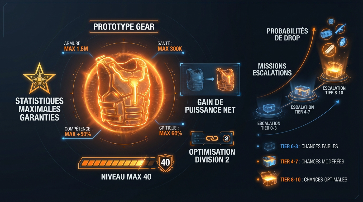 Infographie détaillant les statistiques et le fonctionnement de l'équipement prototype dans The Division 2