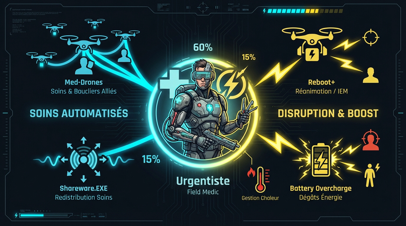 Infographie présentant les capacités de soin et de disruption de l'Urgentiste dans Marathon