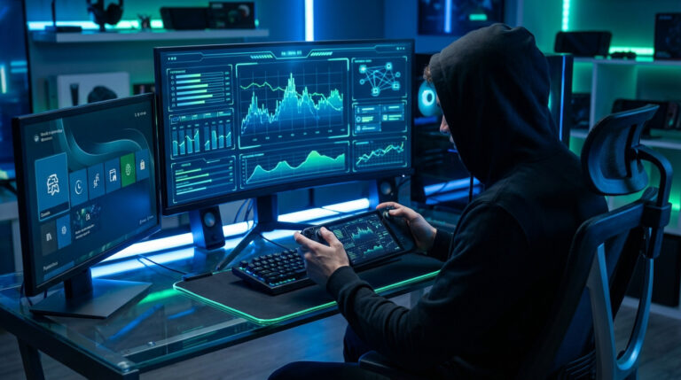 Gamer en hoodie analysant des graphiques de performance sur un setup multi-écrans et une console portable, dans une pièce éclairée en bleu.