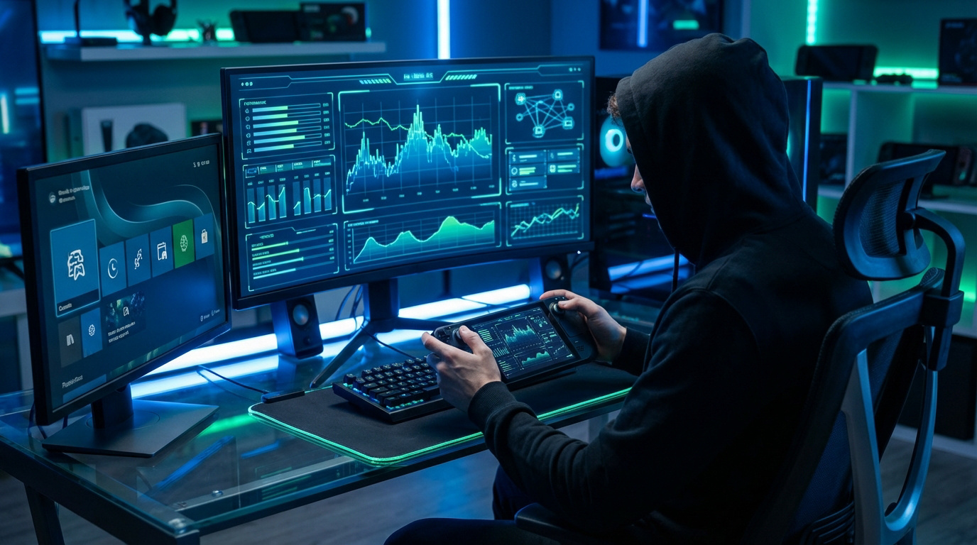 Gamer en hoodie analysant des graphiques de performance sur un setup multi-écrans et une console portable, dans une pièce éclairée en bleu.