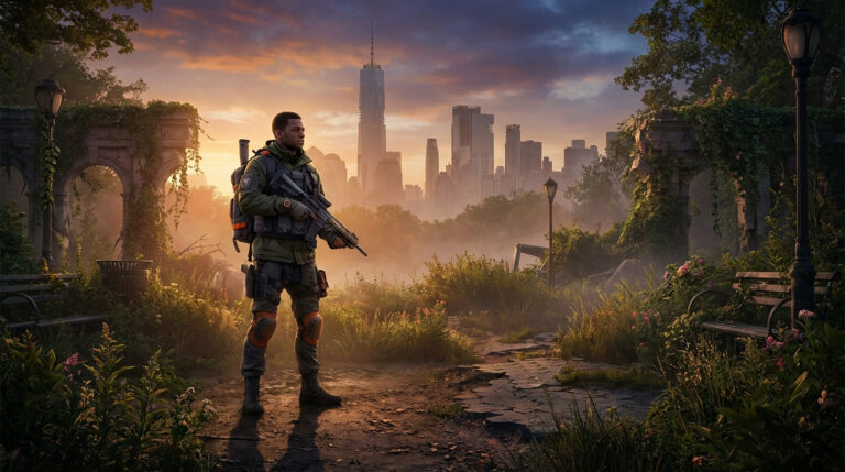 Agent de The Division 2 avec fusil, dos à un paysage urbain brumeux au coucher du soleil dans un parc verdoyant.