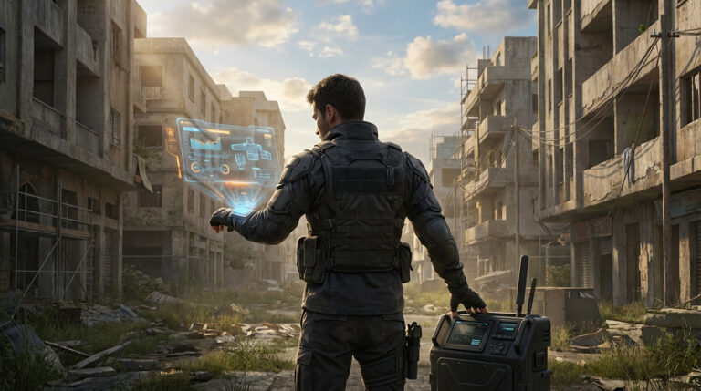 Agent tactique en ville dévastée, observant une interface holographique affichant des données et un équipement.