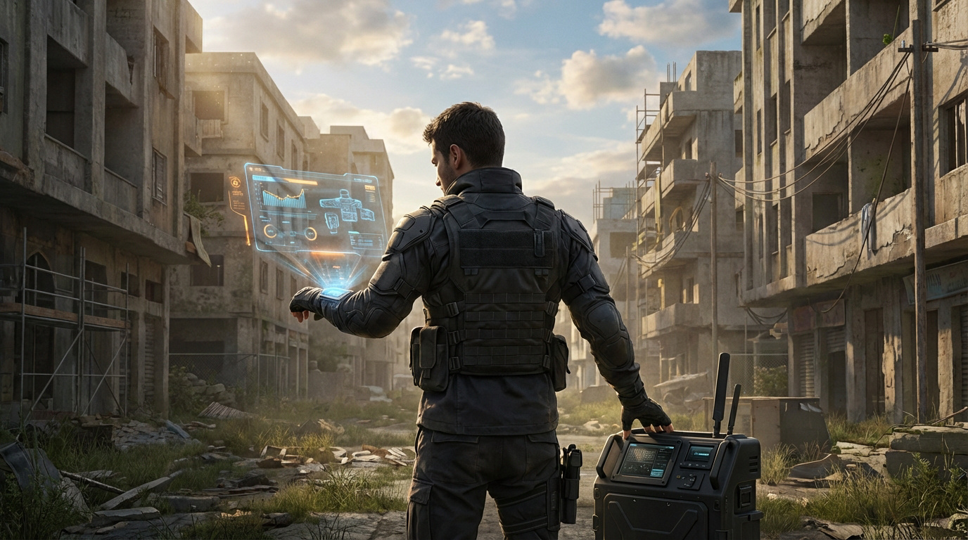 Agent tactique en ville dévastée, observant une interface holographique affichant des données et un équipement.