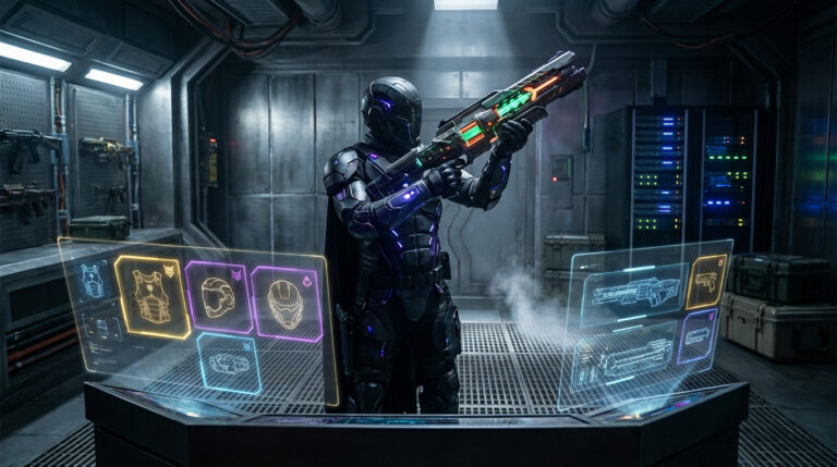 Soldat futuriste en armure noire, arme lumineuse, devant un établi avec interface holographique affichant casques, gilets et armes.