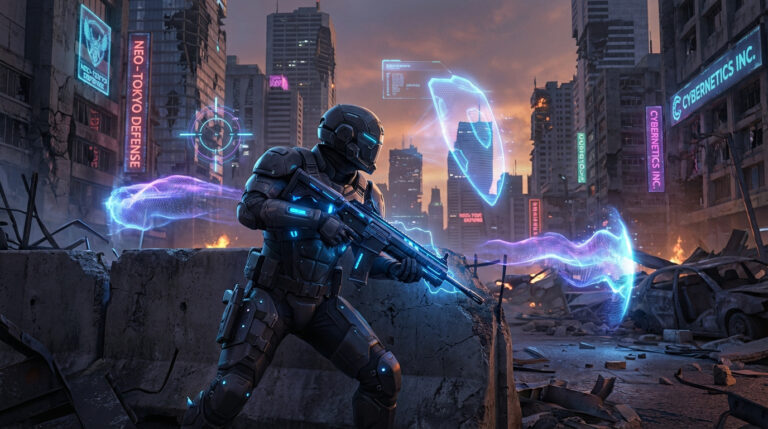 Soldat cyberpunk armé en armure lumineuse bleue, prêt au combat dans une ville futuriste dévastée avec néons et hologrammes.