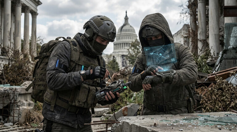 Deux agents de The Division 2 en tenue tactique examinent un gadget et une carte holographique dans un Washington D.C. dévasté, avec le Capitole en fond.