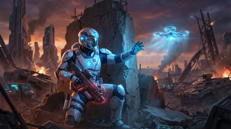 Personnage futuriste en armure blanche avec croix bleue, tenant un fusil, interagissant avec un drone dans une ville en ruines.