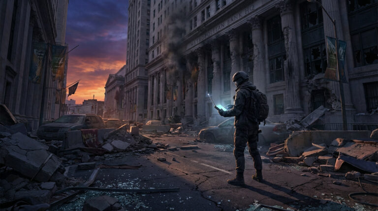 Agent tactique consulte une tablette lumineuse dans une rue dévastée de Downtown West au coucher du soleil, bâtiment en ruines.