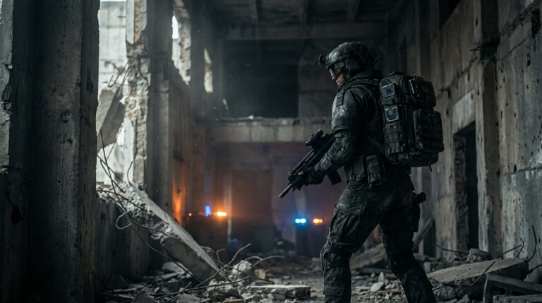 Un agent tactique de The Division 2, fusil à la main, explore un bâtiment dévasté avec des lumières lointaines.