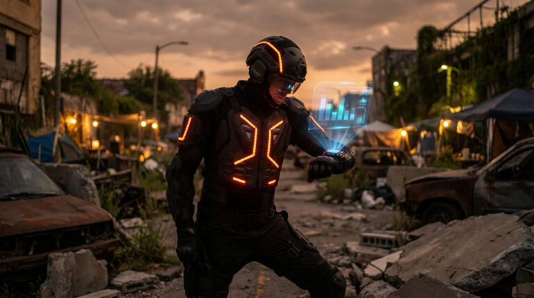 Agent futuriste en équipement lumineux, consultant un hologramme dans une ville post-apocalyptique au crépuscule.