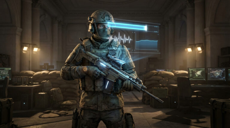 Soldat de The Division 2 en tenue tactique tenant un fusil ACR prototype lumineux. Un HUD holographique affiche des données devant son visage.