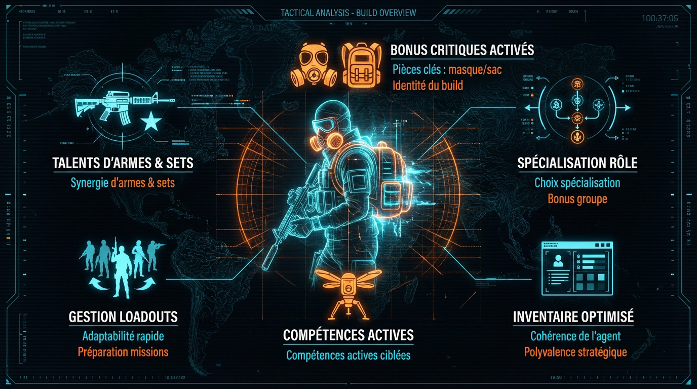 Interface de gestion d'un build d'agent dans The Division 2 montrant les statistiques et l'équipement
