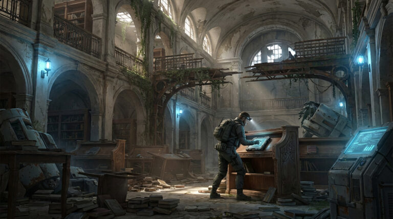Un explorateur solitaire examine une tablette lumineuse dans une bibliothèque historique post-apocalyptique et envahie par la végétation.