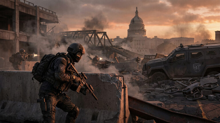 Scène de combat intense au coucher du soleil à Washington D.C., avec des soldats de la Division au milieu de débris et de fumée, le Capitole en arrière-plan.