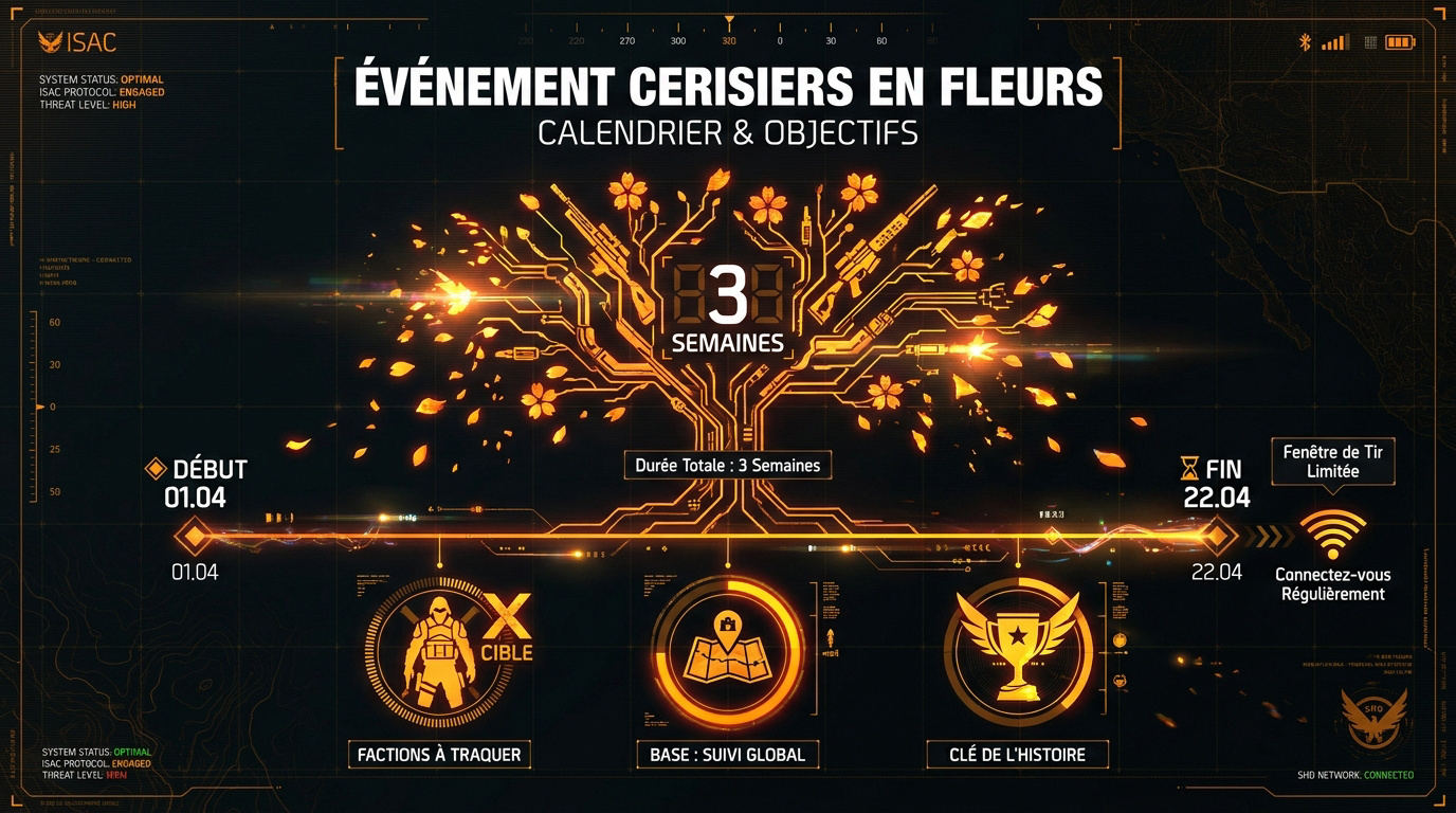 Interface de l'événement Cerisiers en fleurs dans The Division 2 avec calendrier des objectifs