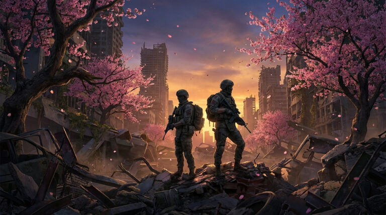Deux soldats avec des fusils sur des décombres d'une ville en ruines, des cerisiers en fleurs roses, ciel coucher de soleil.