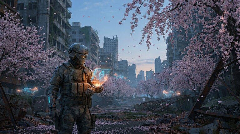Image d'un soldat futuriste masqué dans une ville en ruines envahie par les cerisiers en fleurs, manipulant un écran holographique, avec des renards lumineux.