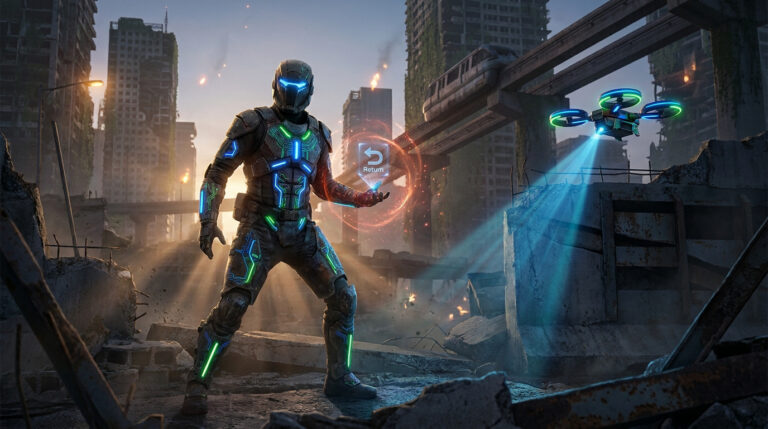 Guerrier cybernétique en armure lumineuse interagit avec hologramme 'Return' dans ville post-apocalyptique, drone volant au-dessus.