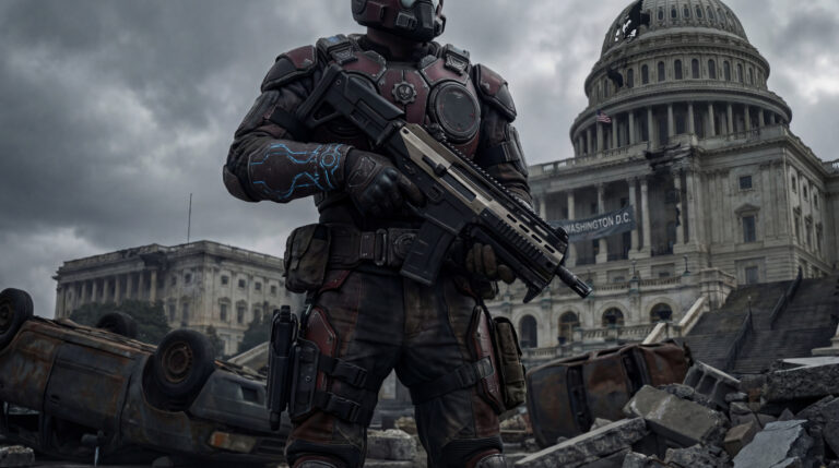 Soldat en armure sombre et rouge tient un fusil d'assaut futuriste devant le Capitole de Washington D.C. dévasté et des voitures retournées.