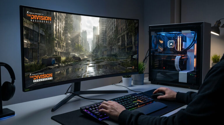 Un joueur est devant un grand écran incurvé affichant The Division Resurgence. Un PC gaming illuminé se trouve à droite.
