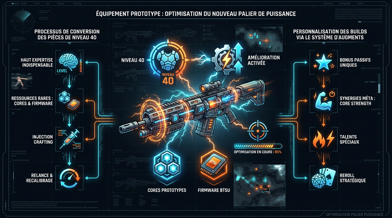 Infographie détaillant le processus d'optimisation des équipements prototypes et des augments dans The Division 2