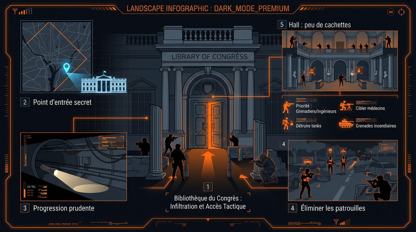 Infographie tactique détaillant l'infiltration de la Bibliothèque du Congrès dans The Division 2