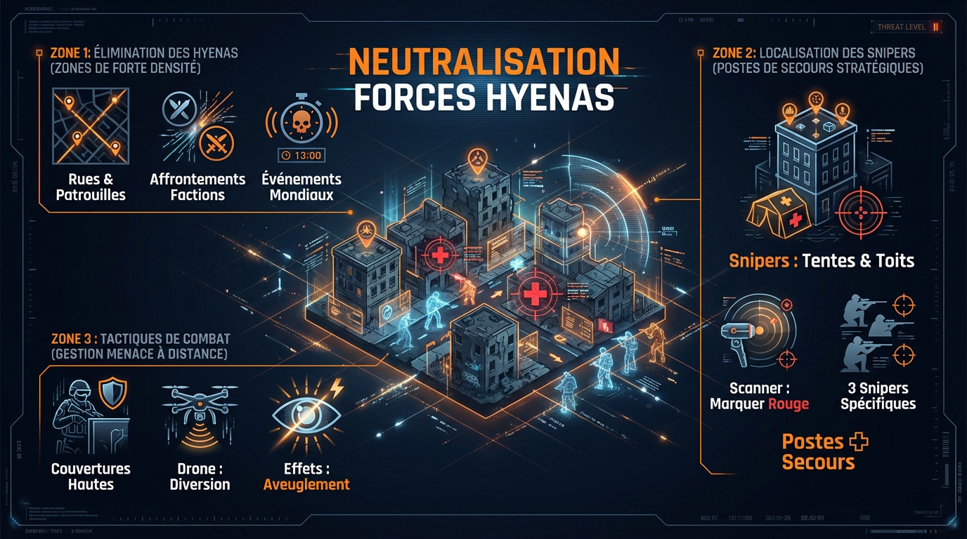 Infographie tactique détaillant les méthodes de neutralisation des snipers et troupes Hyenas dans Downtown East