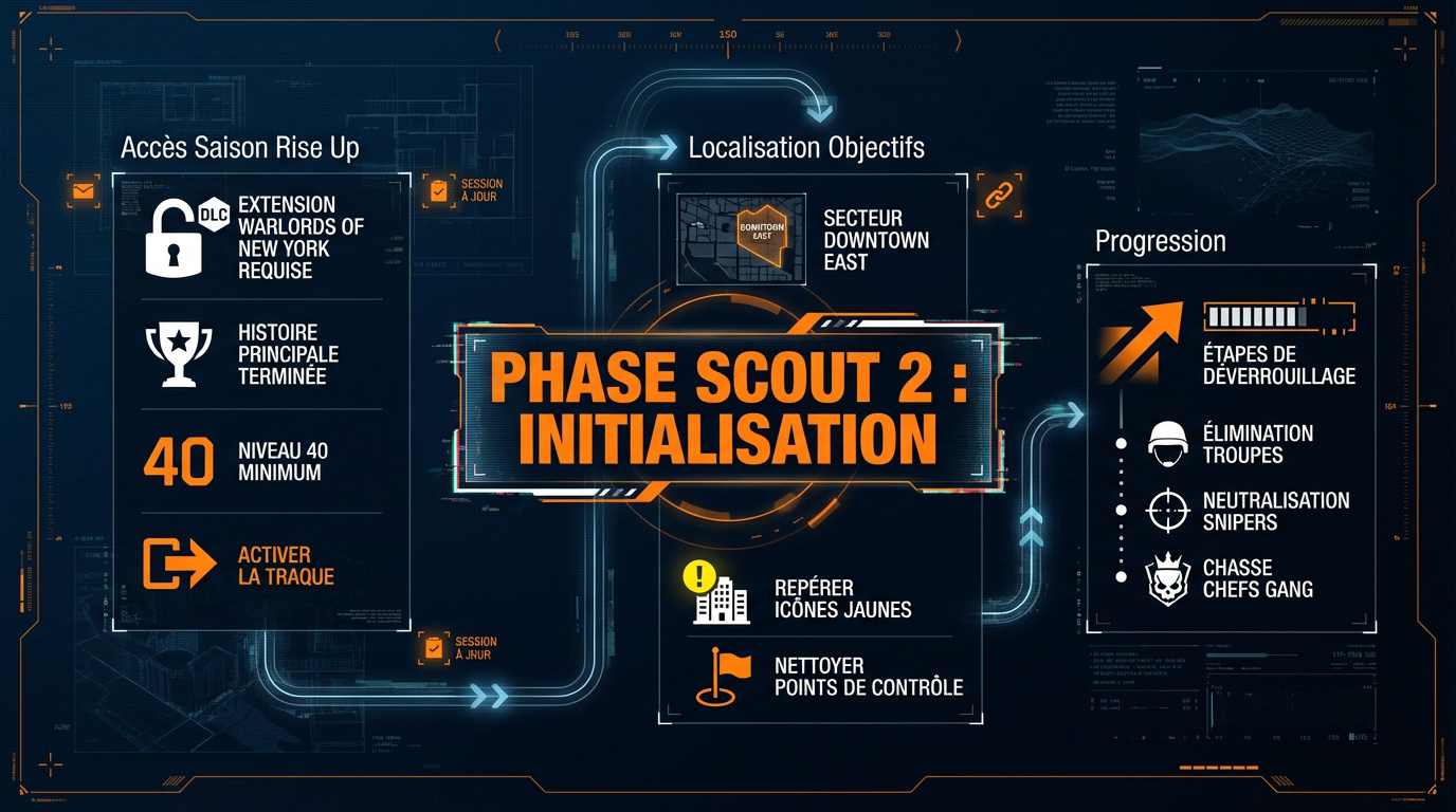 Infographie tactique détaillant les objectifs de la phase Scout 2 dans The Division 2