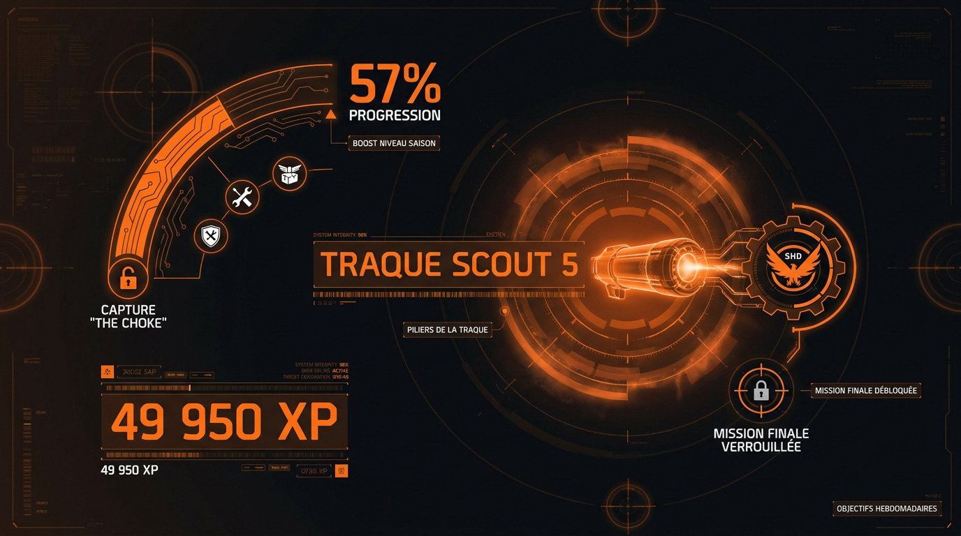 Interface tactique de la traque Scout 5 affichant les objectifs et la progression des Black Tusk