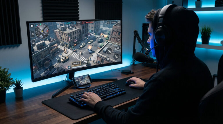 Jeune joueur casqué et en hoodie joue à un jeu mobile sur grand écran PC, clavier-souris et smartphone sur son bureau éclairé.