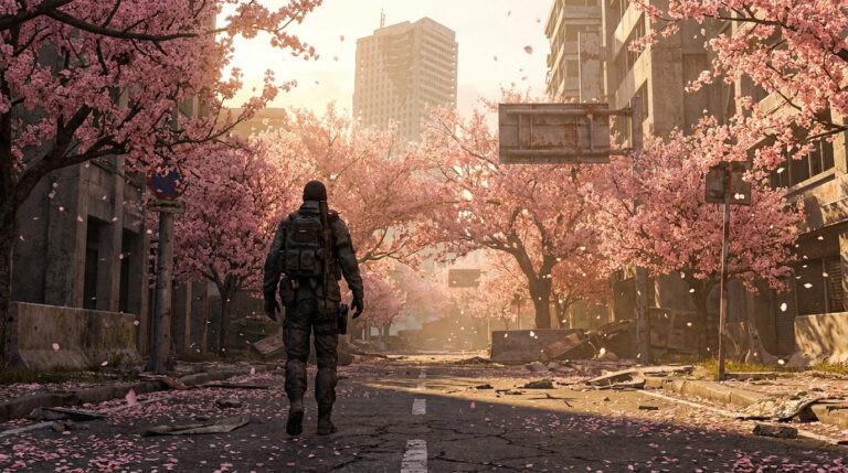 Un agent solitaire marche dans une rue de ville dévastée, bordée de cerisiers en fleurs roses. Des pétales jonchent le sol au lever du soleil.