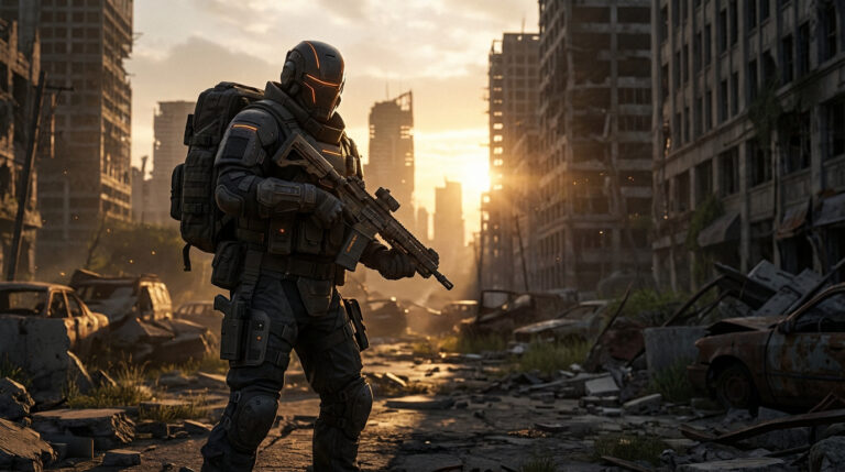 Soldat futuriste en armure sombre avec liserés orange, tenant un fusil dans une ville en ruine au soleil couchant.