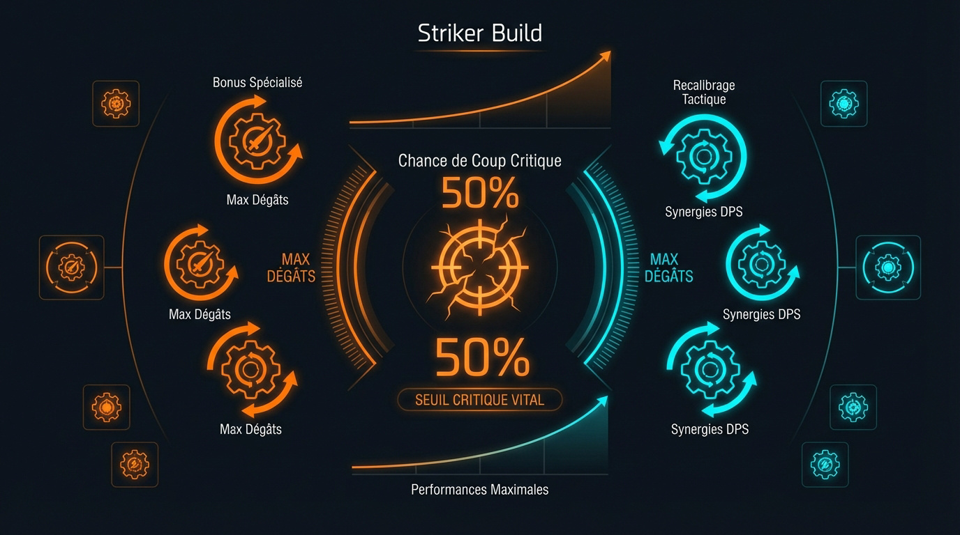 Interface HUD tactique affichant les statistiques de probabilité et de dégâts critiques pour un build Striker