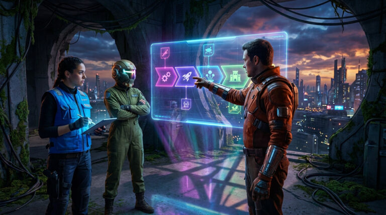 Trois figures futuristes, dont une en casque, examinent une feuille de route holographique lumineuse devant une ville scintillante au crépuscule.