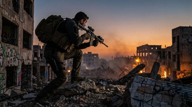 Un soldat armé en tenue de combat, accroupi dans une ville en ruines au coucher du soleil, en mission de reconnaissance.