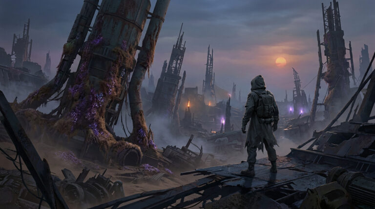 Figure encapuchonnée surplombant une ville post-apocalyptique en ruines, envahie par la végétation. Coucher de soleil et lumières mystérieuses.