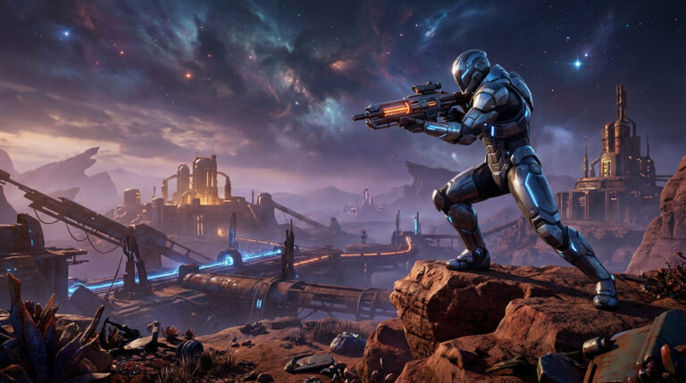 Soldat futuriste en armure brillante avec fusil, posé sur un rocher sur une planète désertique alien, structures futuristes et ciel étoilé.