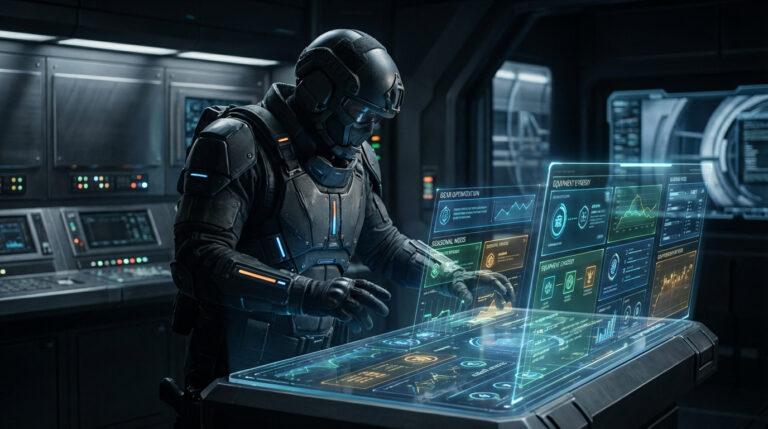 Un agent en armure futuriste interagit avec une interface holographique pour optimiser l'équipement et les builds dans une salle de contrôle high-tech.