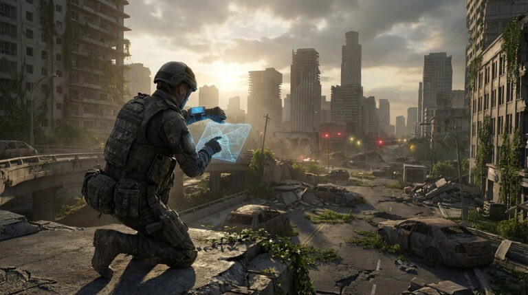 Soldat en tenue tactique dans une ville dévastée. Il examine une carte holographique pour naviguer parmi les ruines et les véhicules détruits.
