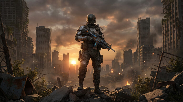 Agent en armure avec fusil au milieu de ruines urbaines, soleil orangé et fumée à l'horizon, ambiance post-apocalyptique.