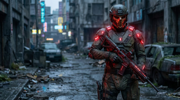 Image d'un soldat en armure cyberpunk rougeoyante, fusil en main, dans une ruelle sombre et délabrée de ville. Ambiance dystopique.