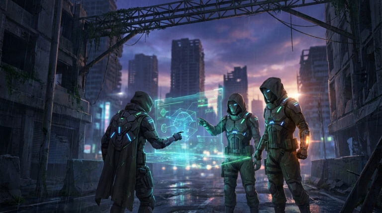 Trois agents Division 2 analysent des données holographiques dans une ville post-apocalyptique dévastée et pluvieuse.