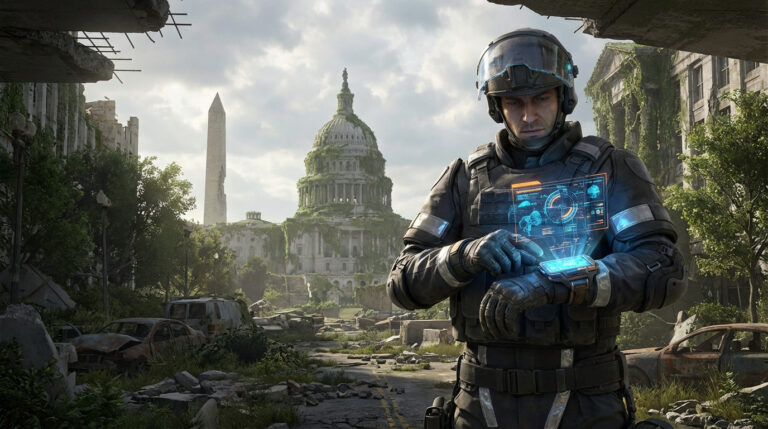 Un agent militaire regarde un hologramme dans un Washington D.C. post-apocalyptique, avec le Capitole en ruines et envahi.